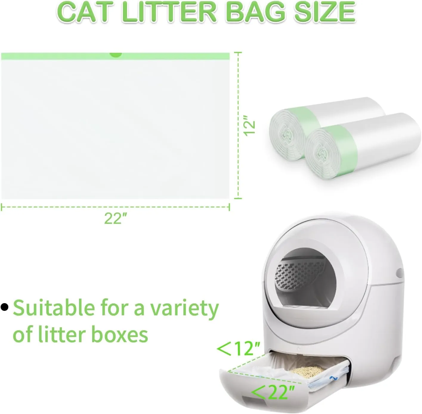 60 Count Cat Litter Bags with Drawstring, Durable Pet Pan Liners, Extra Replacement Waste Bags, 22" x 12