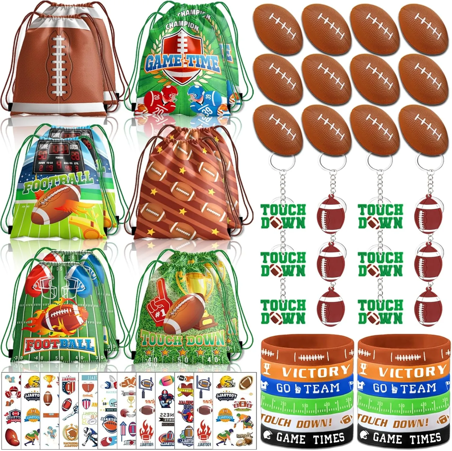 60pcs Football Party Favors, Football Goodie Bags Football Gift Bags Stuffers for Boys Includes Drawstring Bags Bracelet Keychain Tattoo Stickers Mini Football for Football Birthday Party Supplies