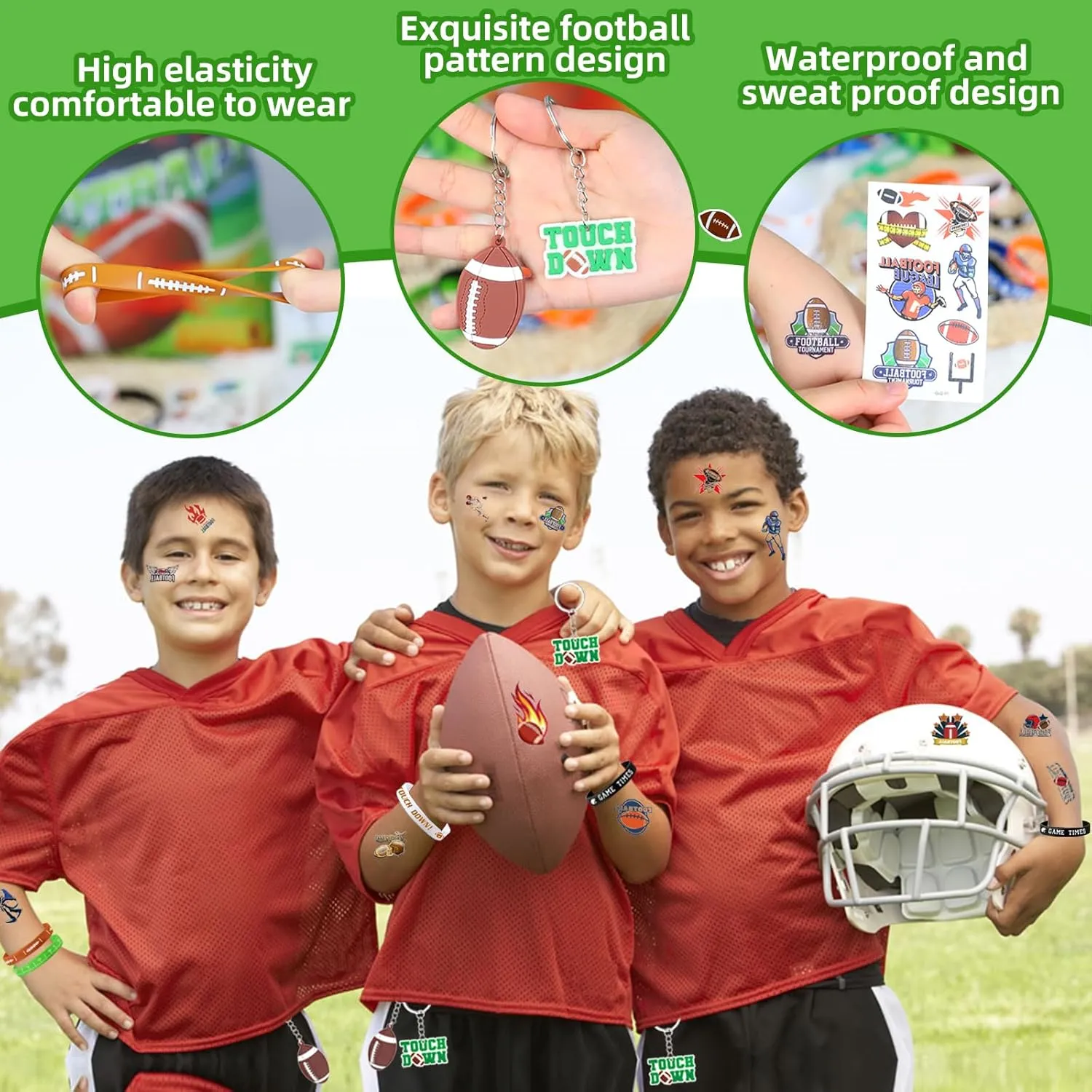 60pcs Football Party Favors, Football Goodie Bags Football Gift Bags Stuffers for Boys Includes Drawstring Bags Bracelet Keychain Tattoo Stickers Mini Football for Football Birthday Party Supplies