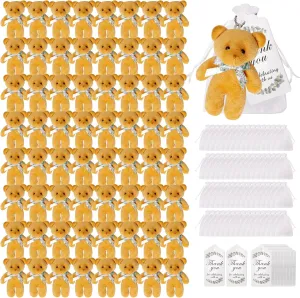 64 Sets Baby Shower Small Bears Bulk 4.72 Inch Tiny Plush Bear Party Favors with Thank You Tags and Mesh Bags for DIY Keychain Birthday Baby Shower Mini Stuffed Animals (Brown)