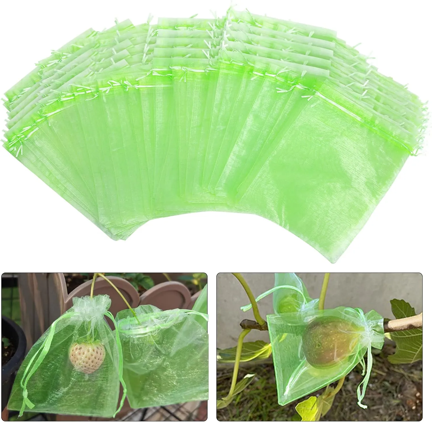 6x8 Inch 100 Pieces Green Fruit Protection Bags- Fruit Netting Bags with Drawstring,Garden Fruit Cover Mesh Bag to Protect Plants from Pest Birds Squirrels