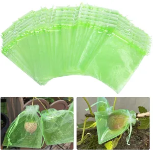 6x8 Inch 100 Pieces Green Fruit Protection Bags- Fruit Netting Bags with Drawstring,Garden Fruit Cover Mesh Bag to Protect Plants from Pest Birds Squirrels