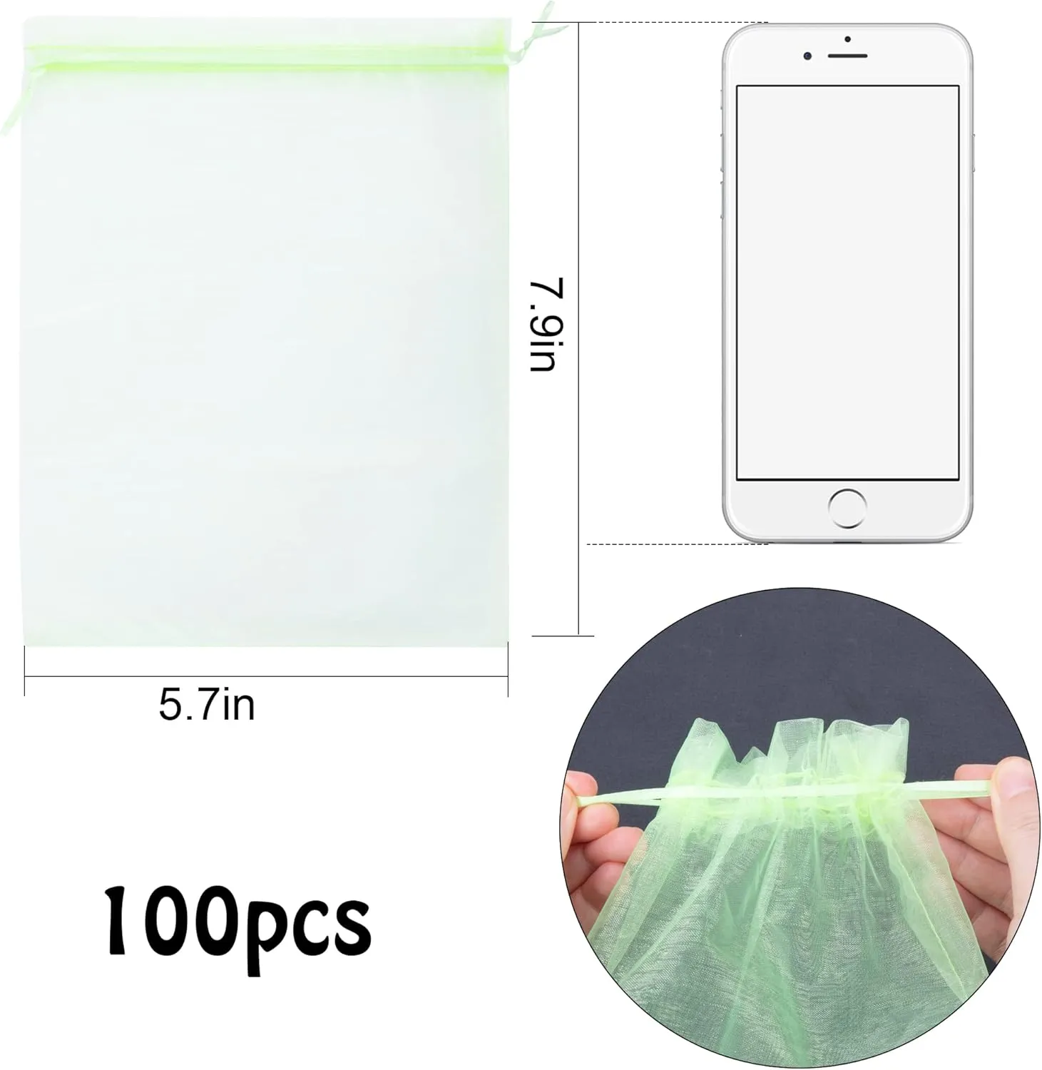 6x8 Inch 100 Pieces Green Fruit Protection Bags- Fruit Netting Bags with Drawstring,Garden Fruit Cover Mesh Bag to Protect Plants from Pest Birds Squirrels
