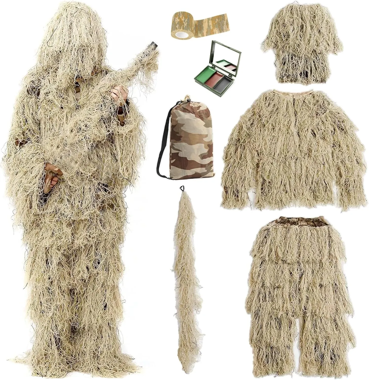7-in-1 Ghillie Suit, 3D Camouflage Hunting Gear for Adults/Youth & Kids - Perfect for Outdoor Hunting Halloween Costumes