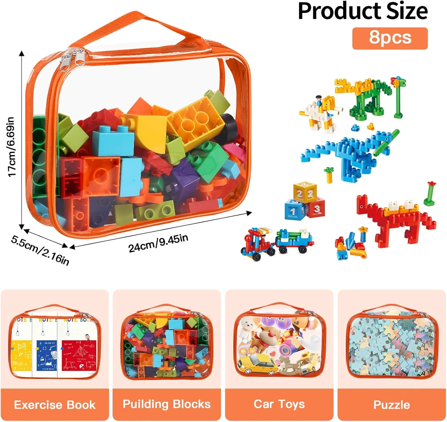 8 Packs Large Clear Toy Storage Bags, Reusable PVC Organizing Bags, zipper bags for organizing,Clear Zippered Blocks Bag Set,Waterproof Toy Storage Bags for Zipper,Puzzle, Kids Books,Board Games