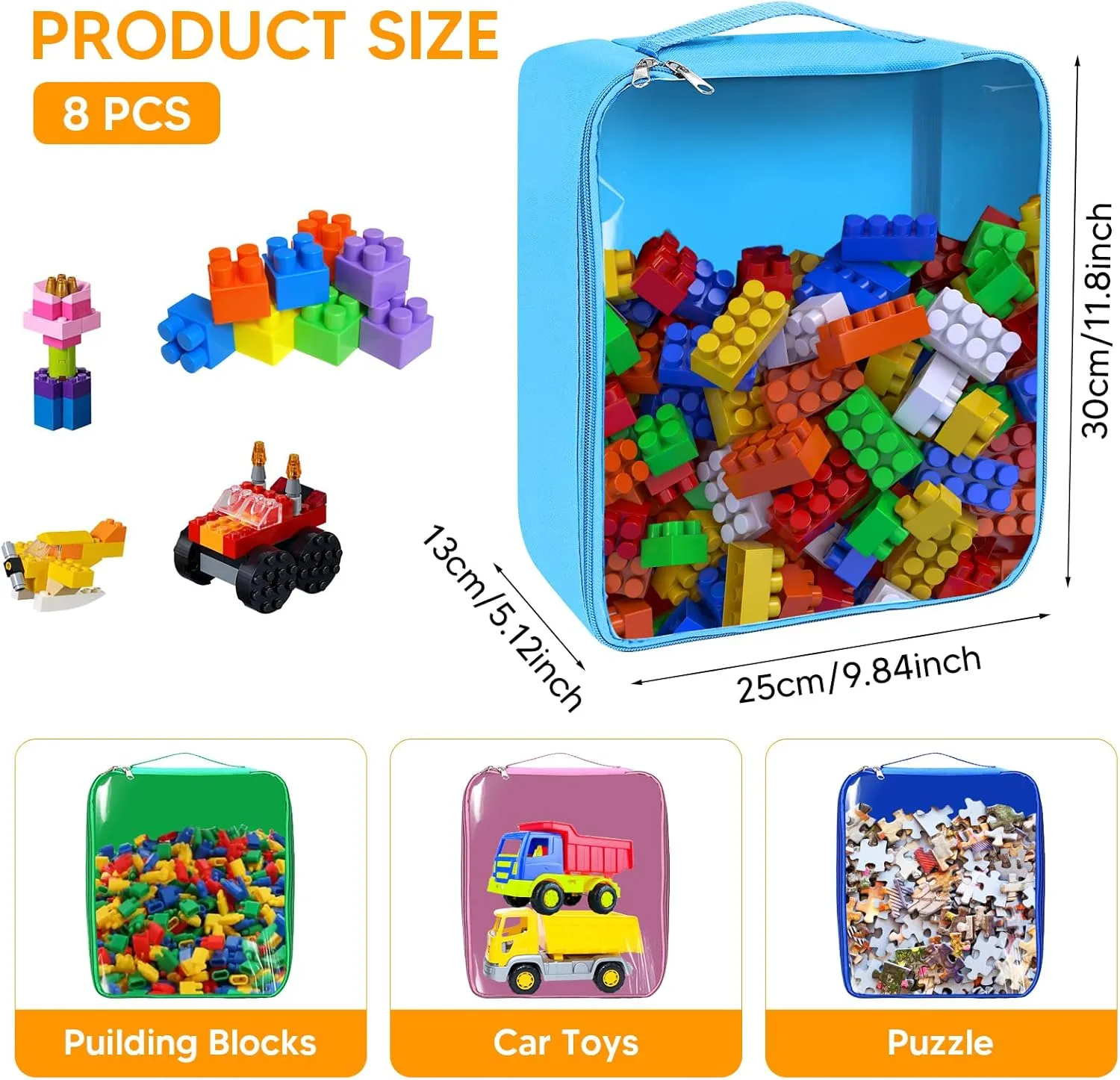8 Packs Toy Storage Bags with Zipper, Clear PVC Organizing Bags,Waterproof Toy Storage Bags,Toy Organizing Bags for Building Blocks, Books, Puzzle