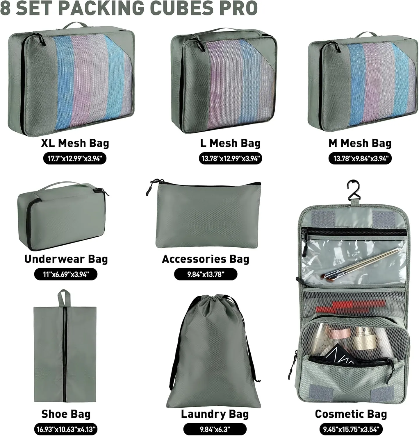 8 Set Packing Cubes for Travel Women Men Kids, Mesh Suitcase Organizer Bags Set for Luggage, 4 Sizes Extra Large, Large, Medium, Small, Travel Camping Essentials Accessories, Avocado Green