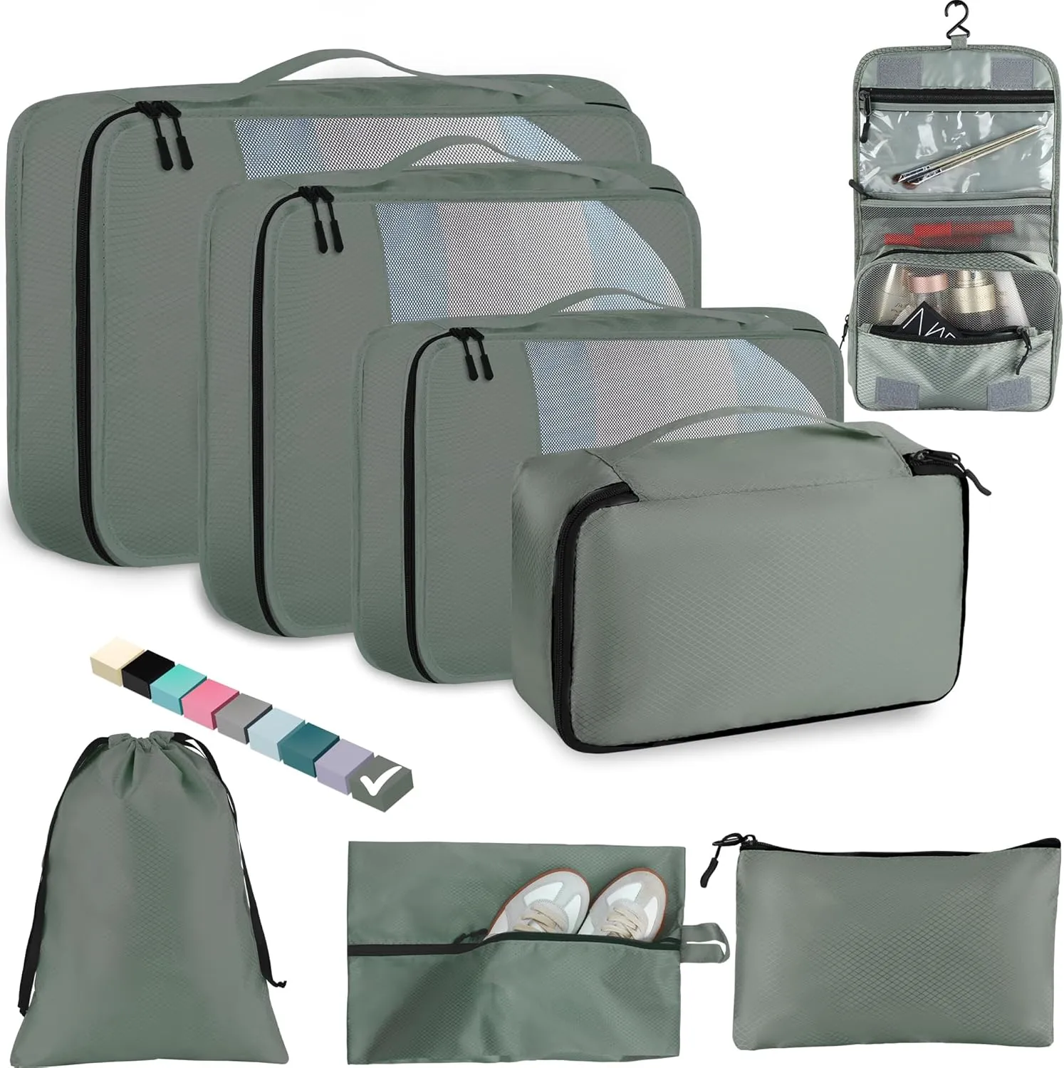8 Set Packing Cubes for Travel Women Men Kids, Mesh Suitcase Organizer Bags Set for Luggage, 4 Sizes Extra Large, Large, Medium, Small, Travel Camping Essentials Accessories, Avocado Green