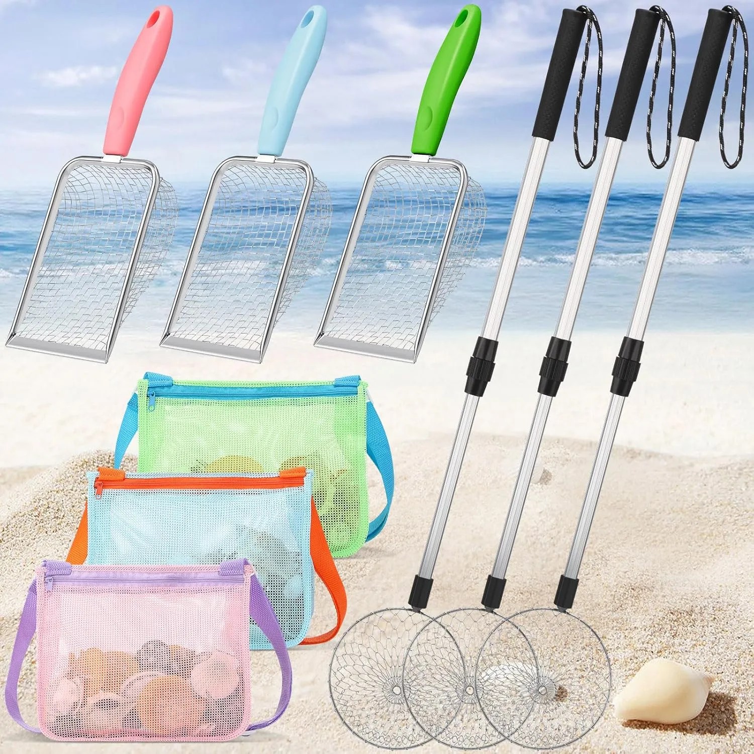 9 Pcs Shelling Tools for Beach Include Sand Sifter with Long Handle, Beach Mesh Shovel, Mesh Beach Bag Seashell Collecting Shark Tooth Sifter Dipper(Blue, Green, Pink)