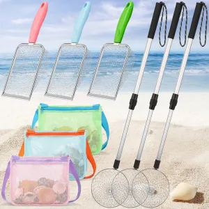 9 Pcs Shelling Tools for Beach Include Sand Sifter with Long Handle, Beach Mesh Shovel, Mesh Beach Bag Seashell Collecting Shark Tooth Sifter Dipper(Blue, Green, Pink)