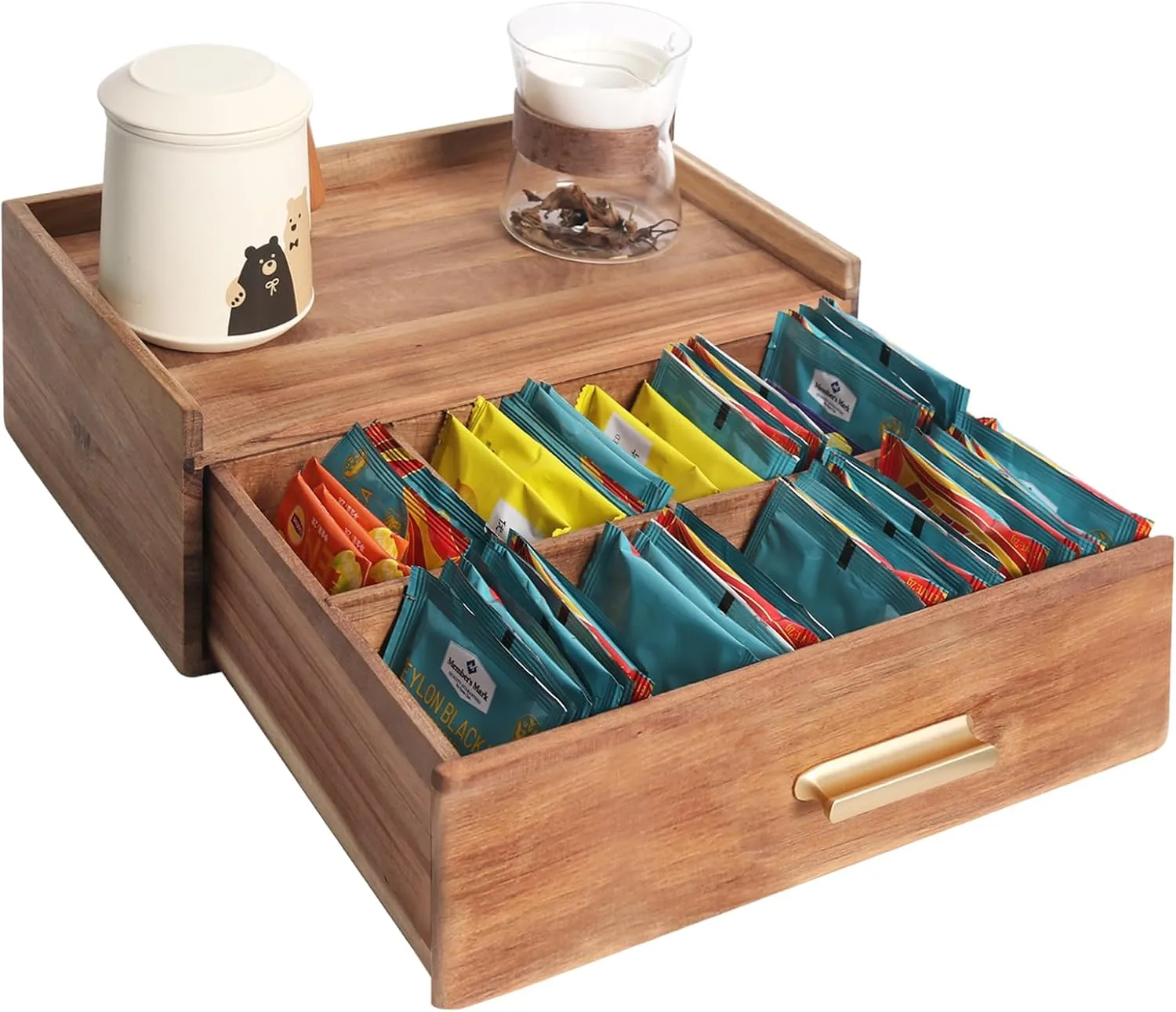 Acacia Wood Tea Bag Organizer, Teabag Holder Organizer, Wooden Tea Storage Box, Tea Drawer Organizer, Tea Caddy for Loose Leaf Tea Storage, Tea Station Chest Display for Countertop