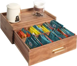 Acacia Wood Tea Bag Organizer, Teabag Holder Organizer, Wooden Tea Storage Box, Tea Drawer Organizer, Tea Caddy for Loose Leaf Tea Storage, Tea Station Chest Display for Countertop