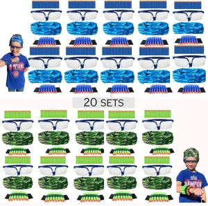 Accessories for Nerf Party Supplies - 20 Sets. Kids Birthday Favors Bulk Pack with Darts, Glasses, Masks, and Wristbands for Boys’ Birthday Parties and Nerf War Teams