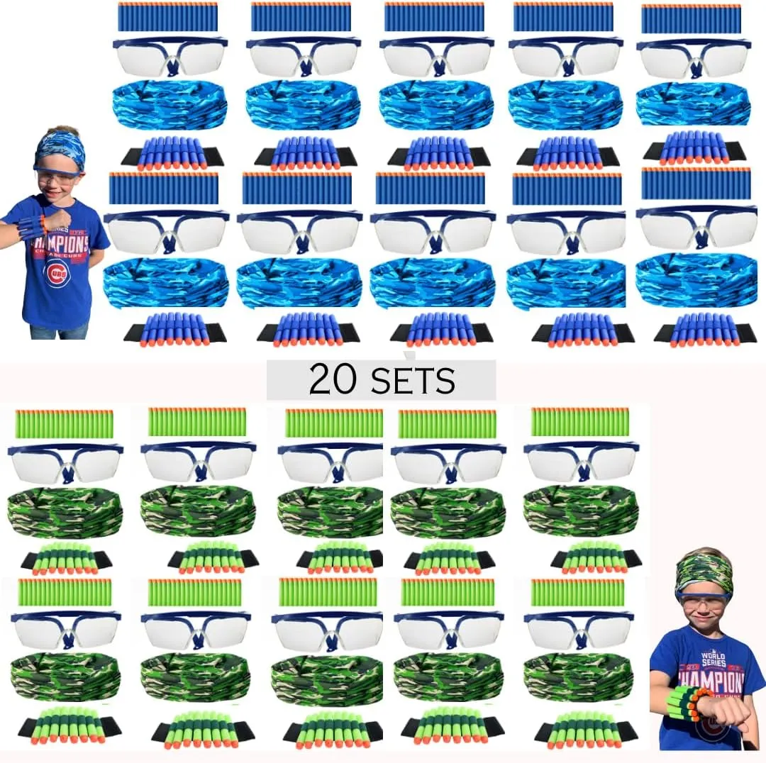 Accessories for Nerf Party Supplies - 20 Sets. Kids Birthday Favors Bulk Pack with Darts, Glasses, Masks, and Wristbands for Boys’ Birthday Parties and Nerf War Teams