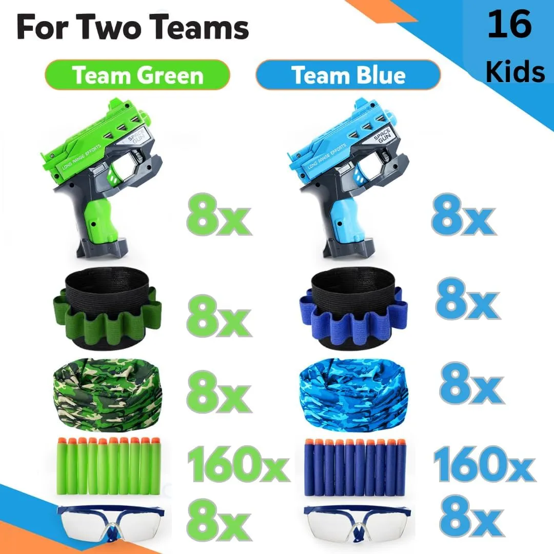 Accessories for Nerf Party Supplies, Favors - 16 Sets. Bulk Pack for Nerf Birthday, War 2 Teams - Mini Gun Pistol, Wrist Bullet Holder, Darts, Mask & Glasses. Kids Ages 5 