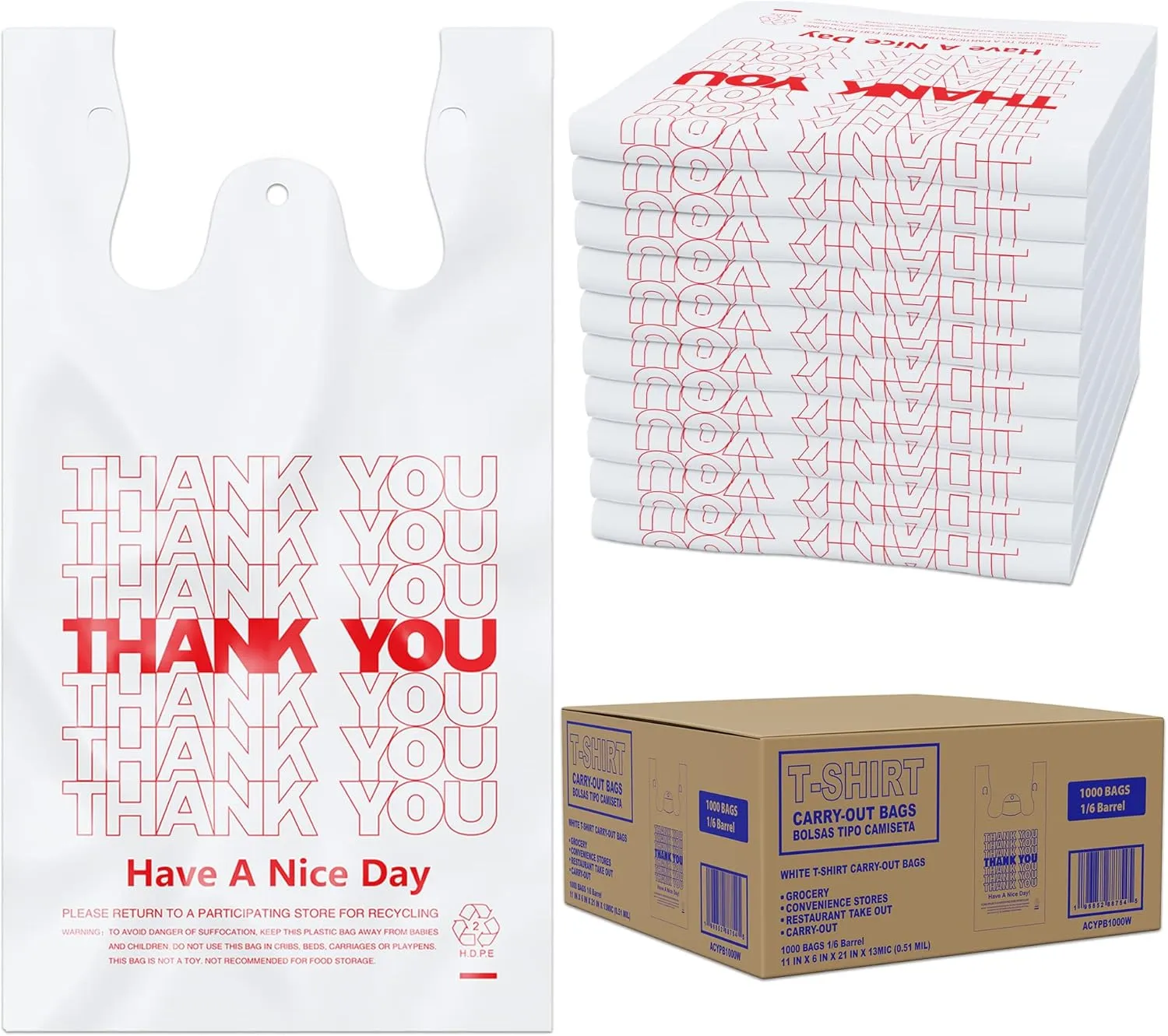 ACYPAPER, Thank You T-Shirt Bags (1000 Count), Plastic - T-Shirt Plastic Bags in Bulk - (11" x 6" x 21") White/Thank You - Bulk Shopping Bags, Restaurant Bag - 1/6 Barrel