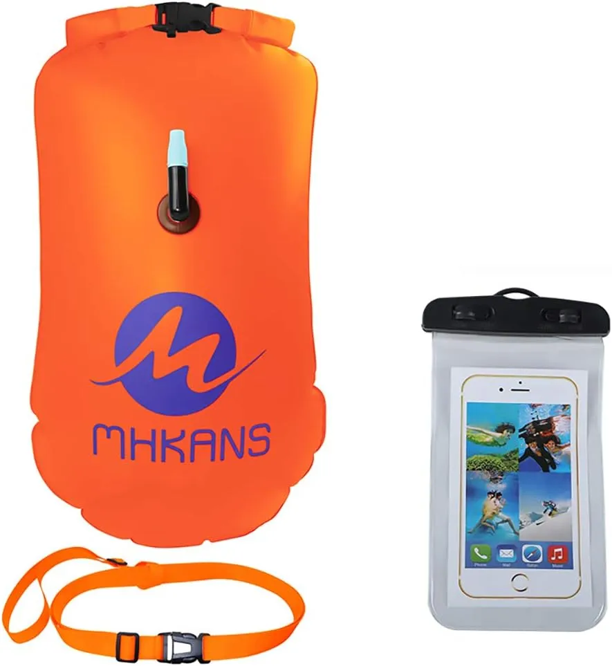 Aeiniwer YMLHOME Swim Buoy 20L Swimming Safety Buoy Float Dry Bag with Adjustable Waist Belt and Waterproof Cell Phone Bag for Open Water Swimmers and Safer Swim Training (Orange)