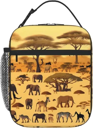 African grassland animals Portable insulated lunch bag, rich colors, Oxford cloth (100% polyester)   quilting   PEVA