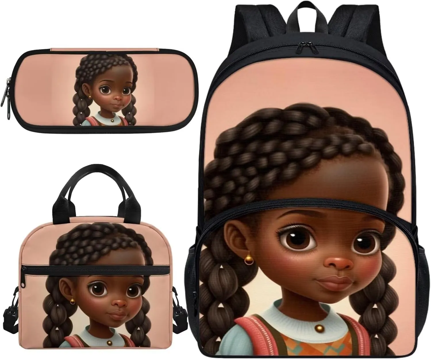 Afro Black Girl Backpacks for Girls 10-12 Cute School Backpacks with Lunch Bag and Pencil Case Kids Elementary Schoolbags Children Travel Back Pack 17inch