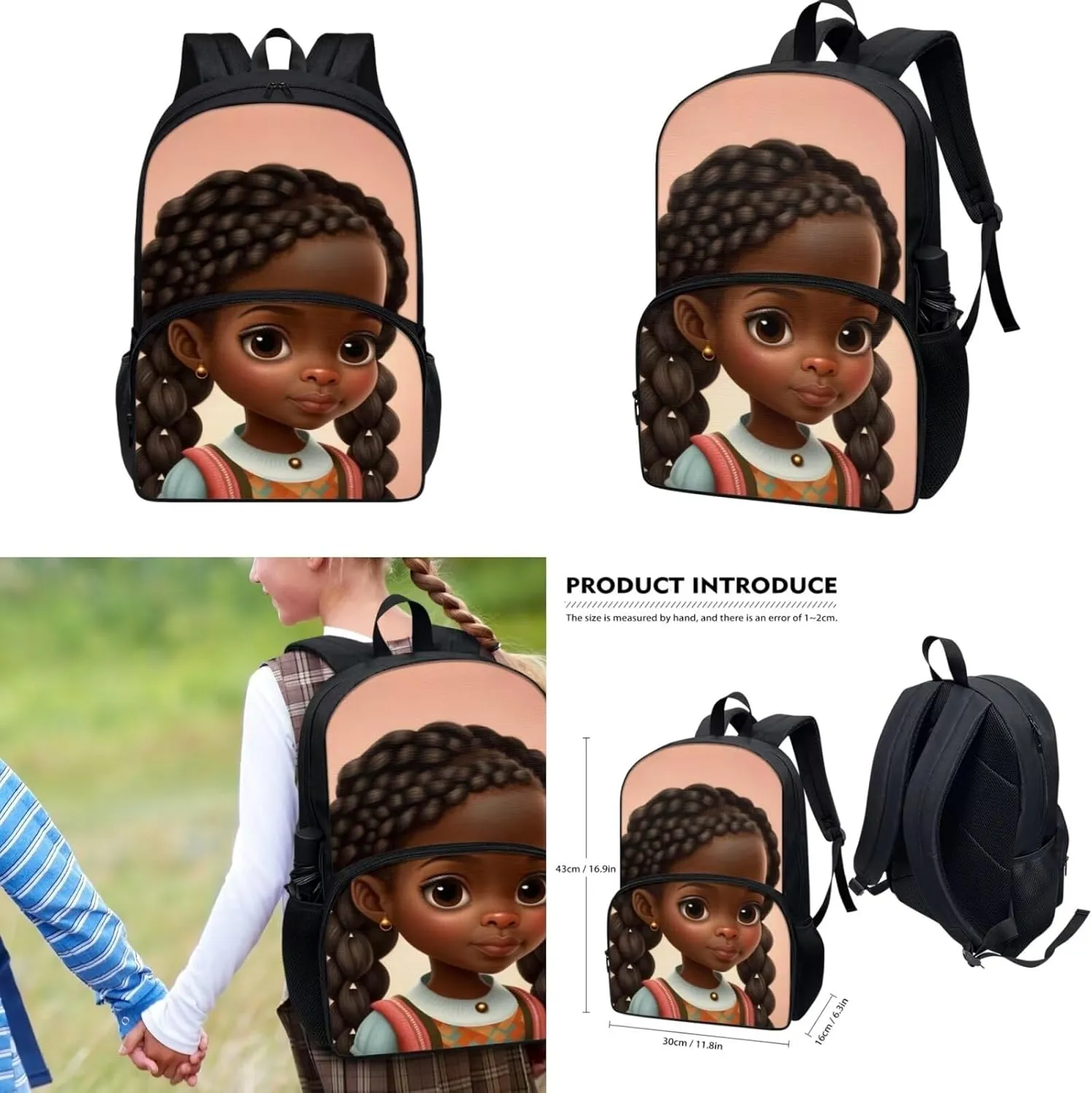 Afro Black Girl Backpacks for Girls 10-12 Cute School Backpacks with Lunch Bag and Pencil Case Kids Elementary Schoolbags Children Travel Back Pack 17inch