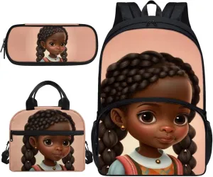 Afro Black Girl Backpacks for Girls 10-12 Cute School Backpacks with Lunch Bag and Pencil Case Kids Elementary Schoolbags Children Travel Back Pack 17inch