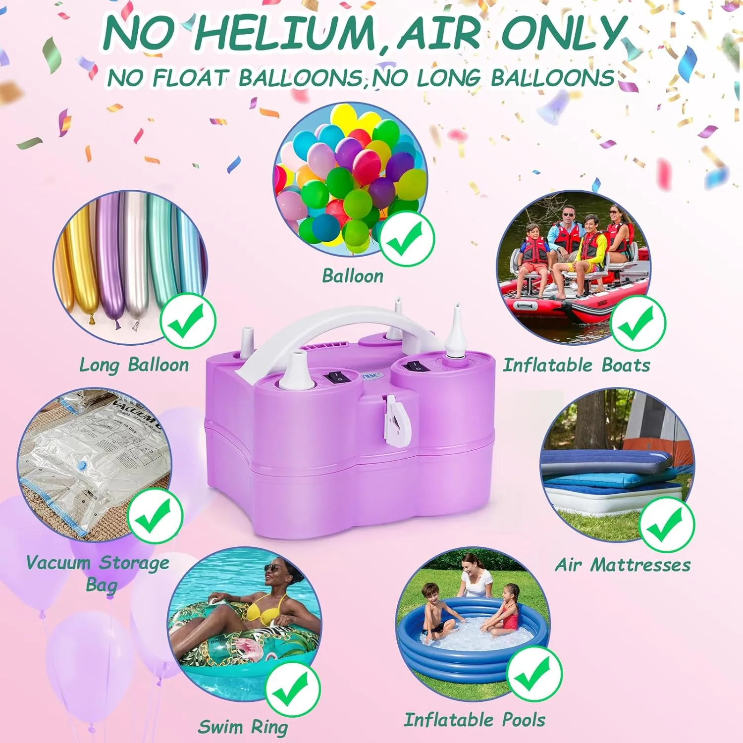 AGPtEK 3-in-1 Air Pump for Inflatables and Balloon Electric Air Balloon Pump 600W for Latex 260Q Foil Balloons with Hose Extension Quick-Fill Inflator Deflator for Air Mattress, Compression Bag