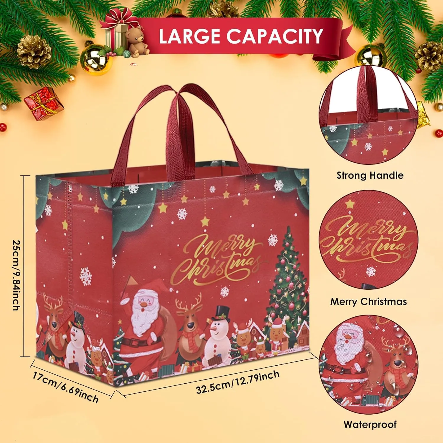 AhfuLife Christmas Gift Bags, 16 Packs Christmas Tote Bags with Handles, Reusable Non-woven Christmas Shopping Bags for Xmas New Year's Party Supplies Decorations, 12.8''x 9.8''x 6.7''