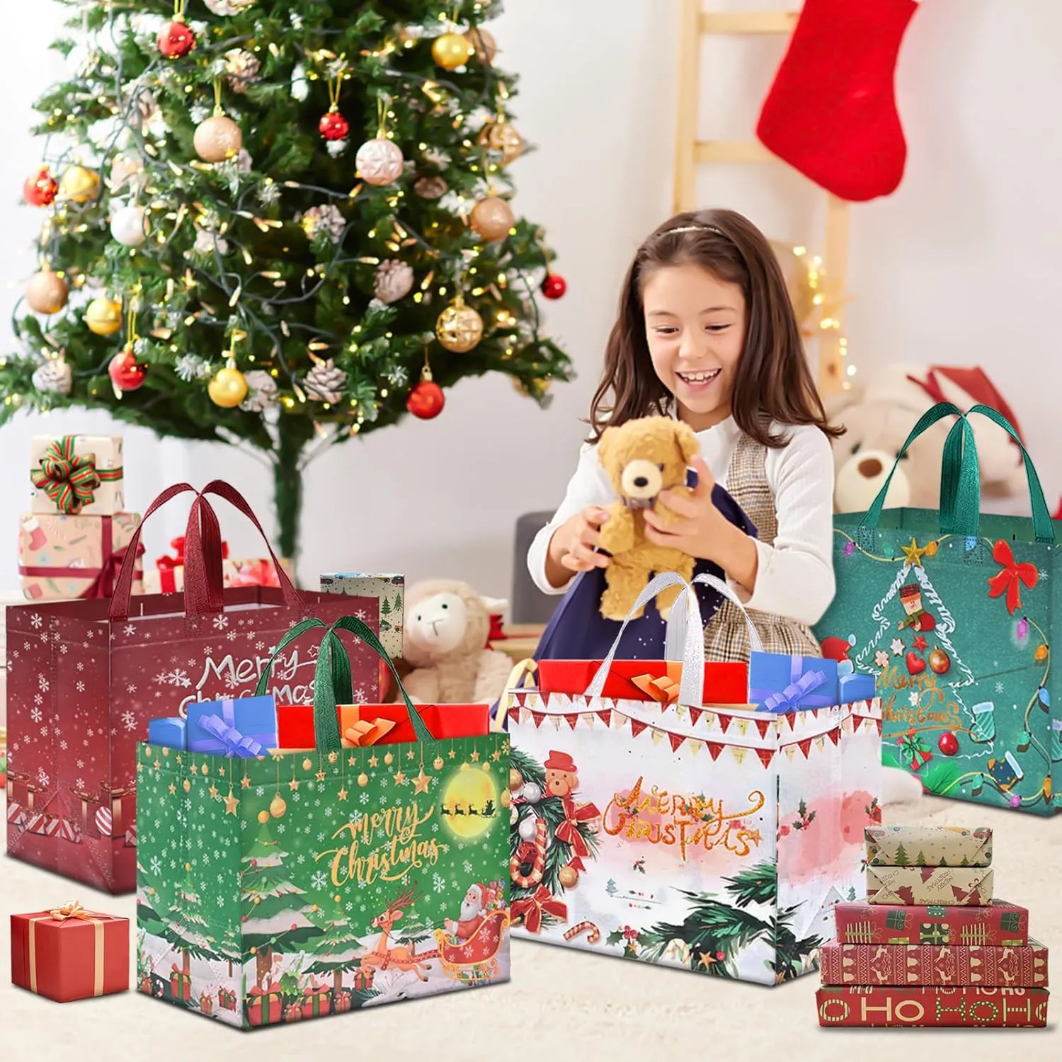 AhfuLife Christmas Gift Bags, 16 Packs Christmas Tote Bags with Handles, Reusable Non-woven Christmas Shopping Bags for Xmas New Year's Party Supplies Decorations, 12.8''x 9.8''x 6.7''