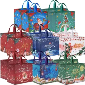 AhfuLife Christmas Gift Bags, 16 Packs Christmas Tote Bags with Handles, Reusable Non-woven Christmas Shopping Bags for Xmas New Year's Party Supplies Decorations, 12.8''x 9.8''x 6.7''