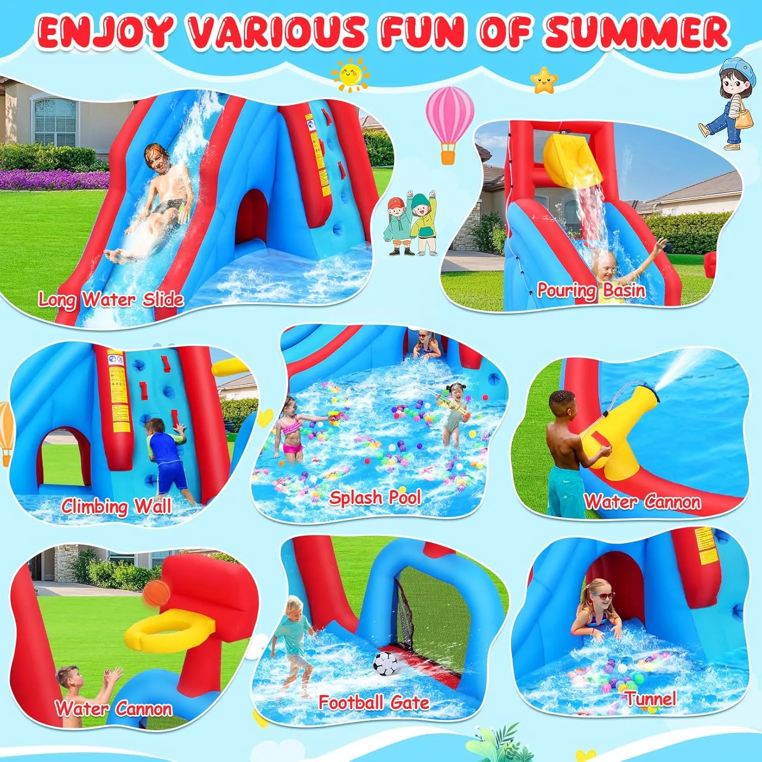 AKEYDIY Water Slide for Kids with Blower, Inflatable Water Park Kids Waterslide Backyard Fun Blow Up Water Slide with Pool, Climbing Wall, Basketball Hoop, Water Cannon