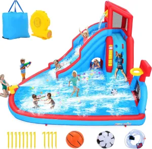 AKEYDIY Water Slide for Kids with Blower, Inflatable Water Park Kids Waterslide Backyard Fun Blow Up Water Slide with Pool, Climbing Wall, Basketball Hoop, Water Cannon