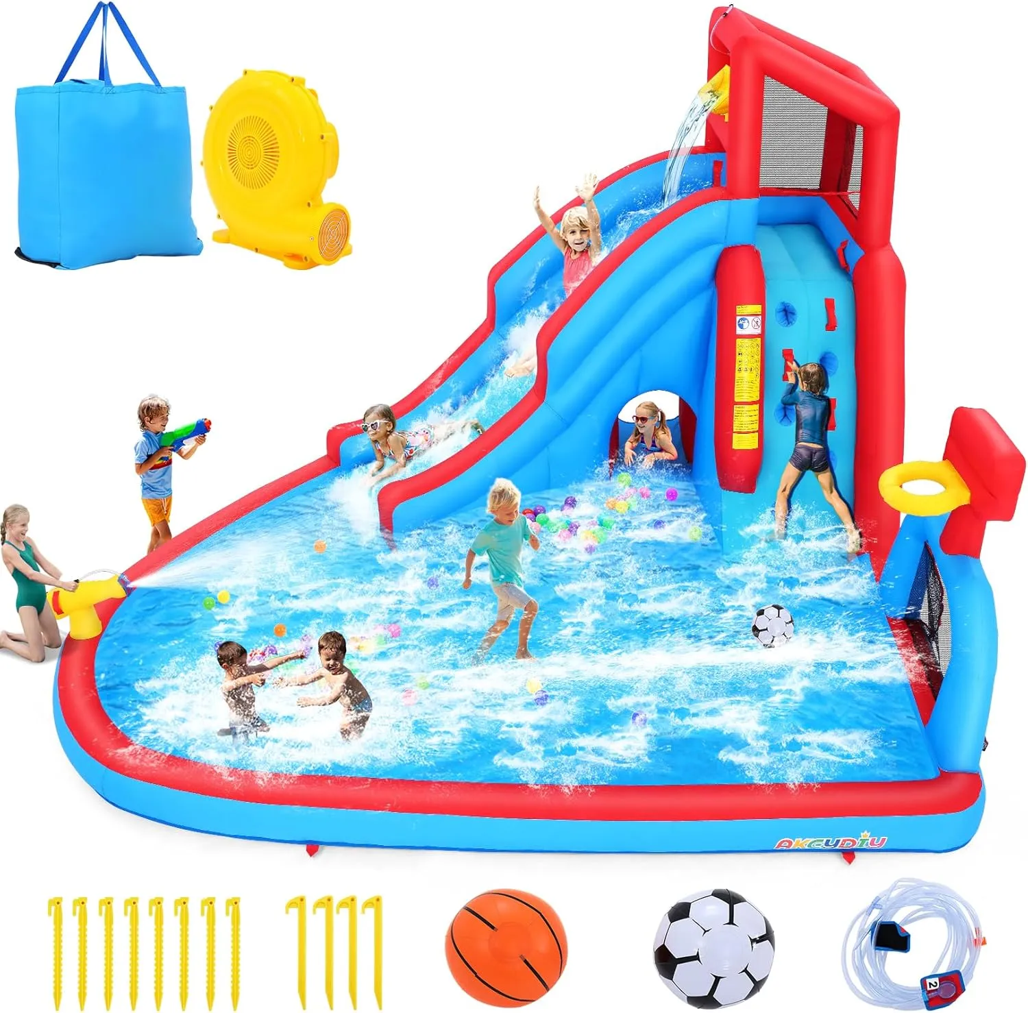 AKEYDIY Water Slide for Kids with Blower, Inflatable Water Park Kids Waterslide Backyard Fun Blow Up Water Slide with Pool, Climbing Wall, Basketball Hoop, Water Cannon