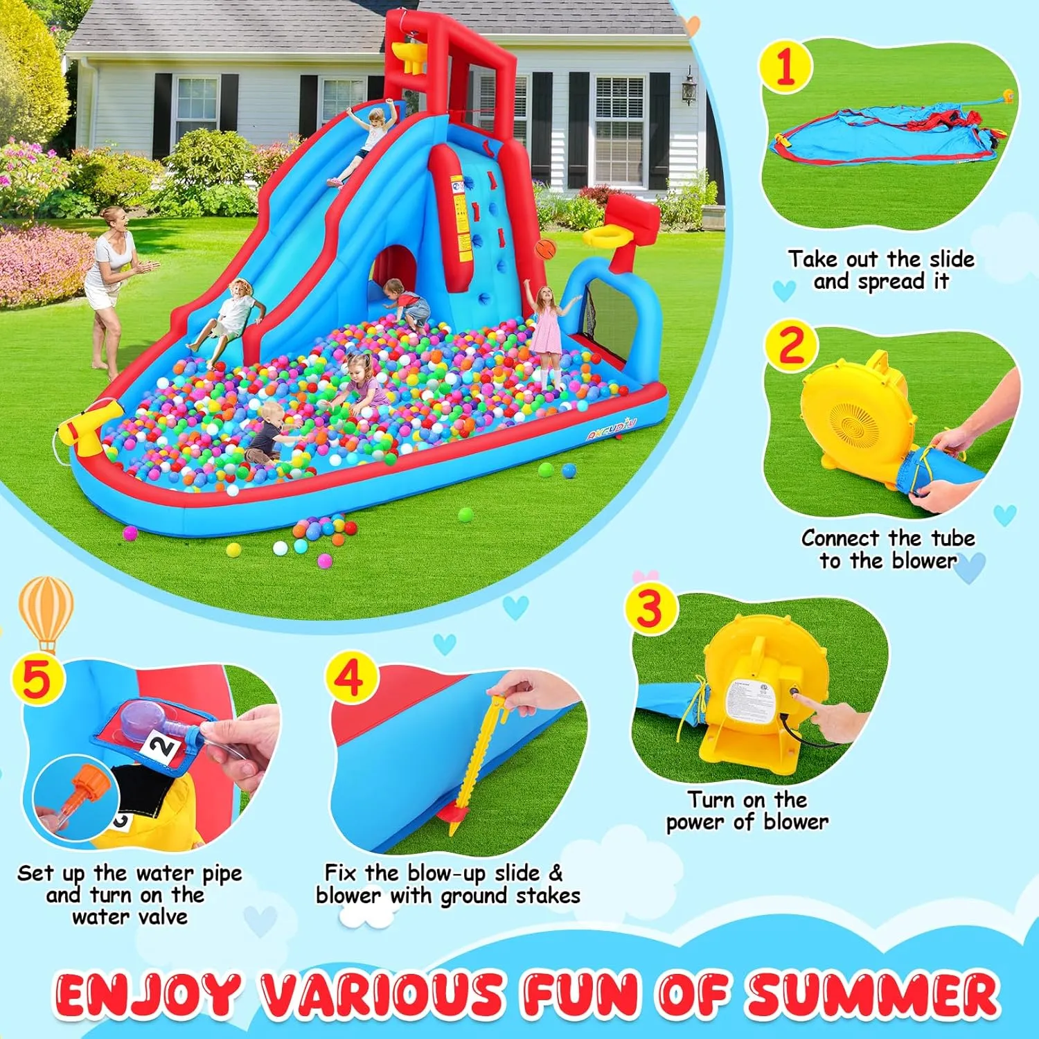 AKEYDIY Water Slide for Kids with Blower, Inflatable Water Park Kids Waterslide Backyard Fun Blow Up Water Slide with Pool, Climbing Wall, Basketball Hoop, Water Cannon
