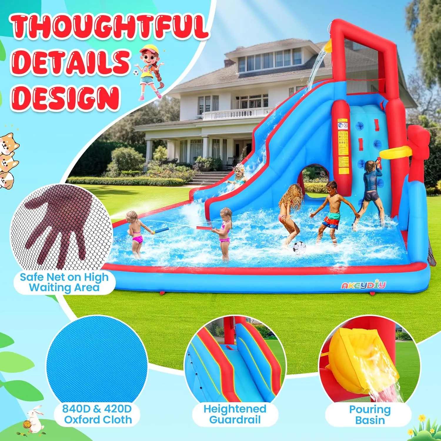 AKEYDIY Water Slide for Kids with Blower, Inflatable Water Park Kids Waterslide Backyard Fun Blow Up Water Slide with Pool, Climbing Wall, Basketball Hoop, Water Cannon