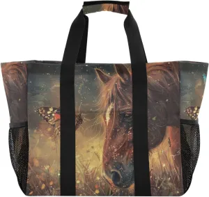 ALAZA Horse with Butterfly Waterproof Beach Tote Bags