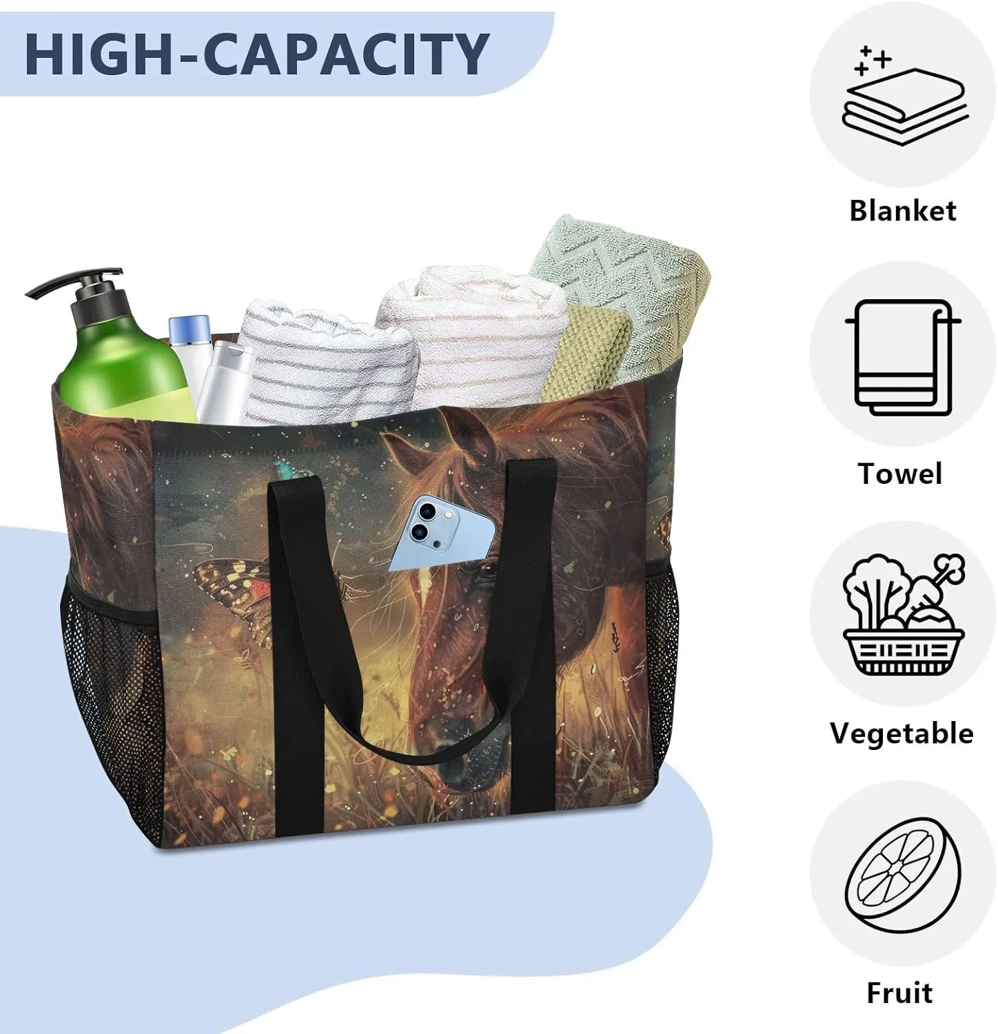 ALAZA Horse with Butterfly Waterproof Beach Tote Bags