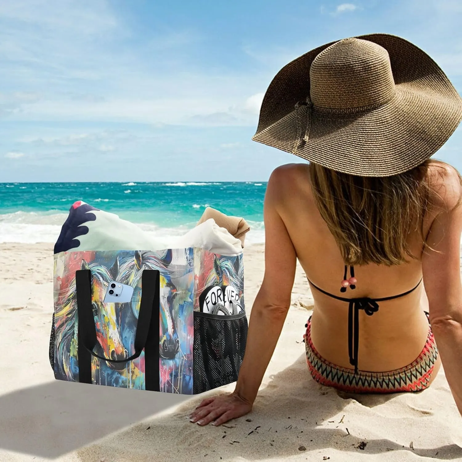 ALAZA Horse with Butterfly Waterproof Beach Tote Bags