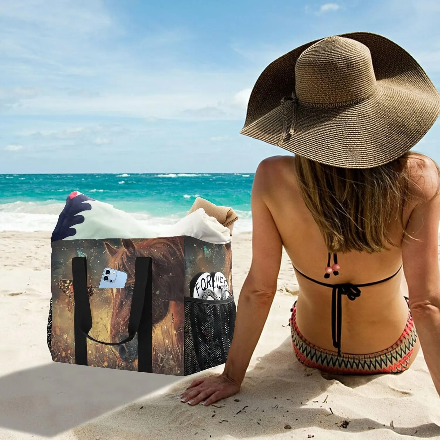 ALAZA Horse with Butterfly Waterproof Beach Tote Bags