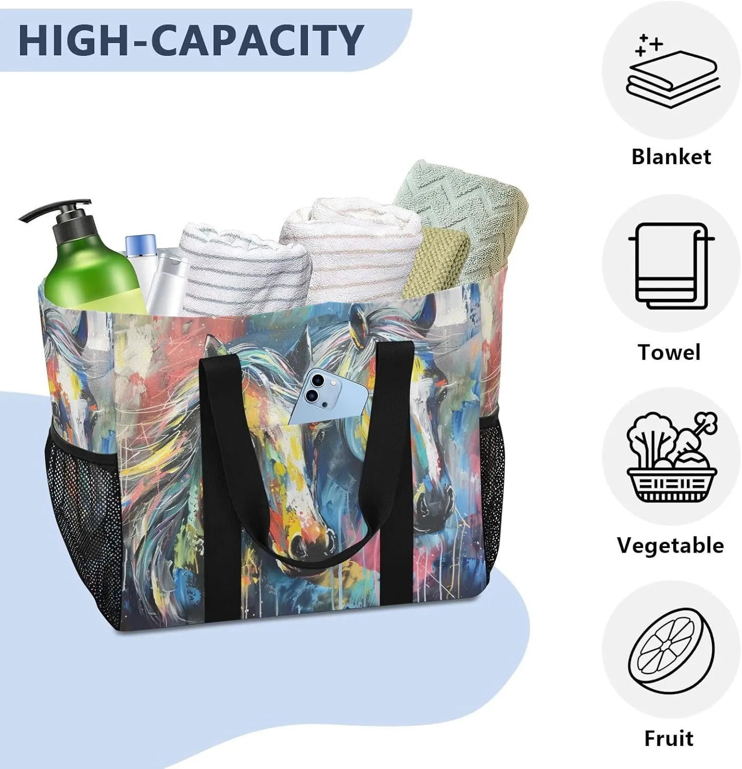 ALAZA Horse with Butterfly Waterproof Beach Tote Bags