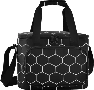 ALAZA Large Lunch Bag Insulated Cooler Bag Soft Lunch Box Hexagonal Grid Black Waterproof Leakproof Beach Travel Picnic Portable