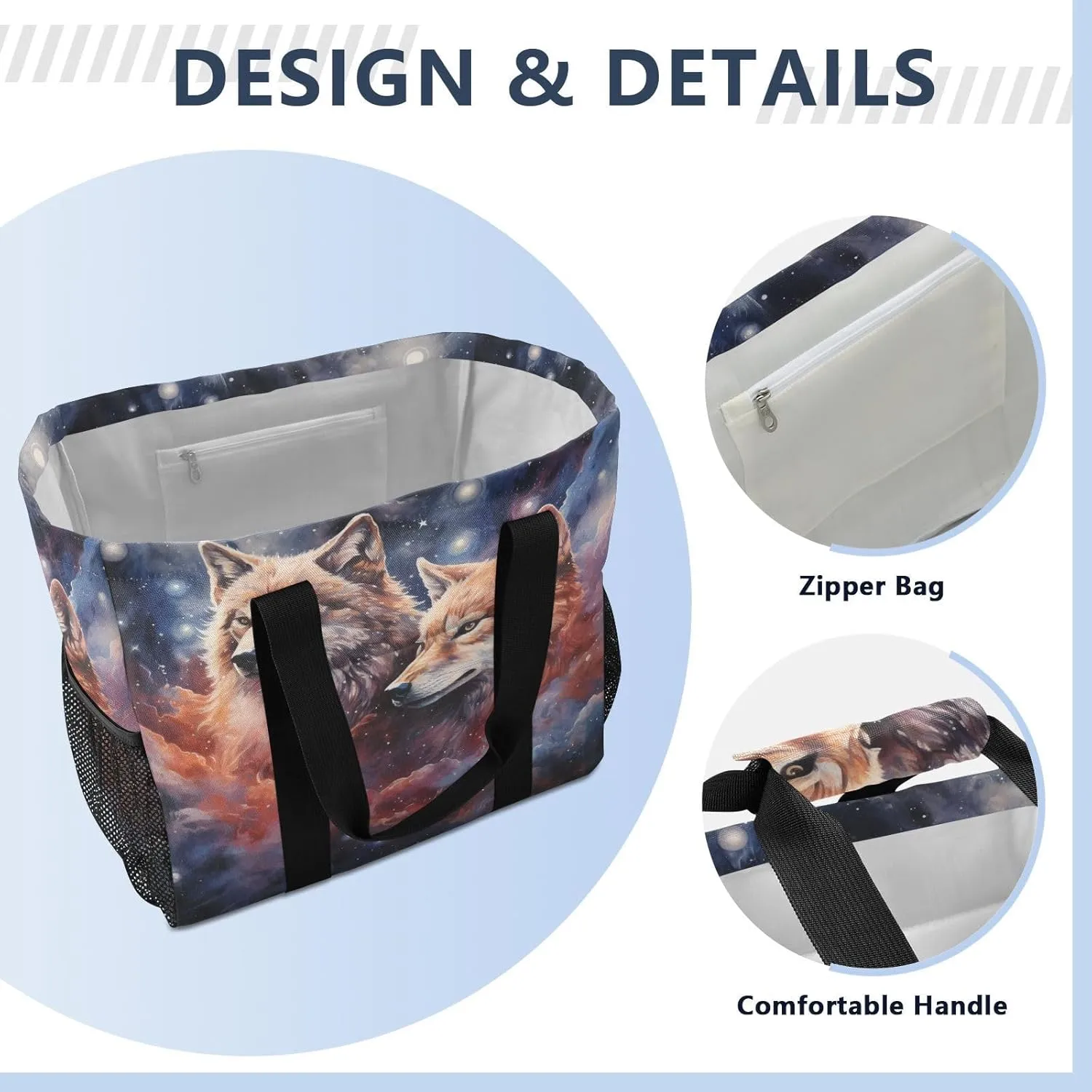ALAZA Two Wolf Huge Starry Night Waterproof Beach Tote Bags