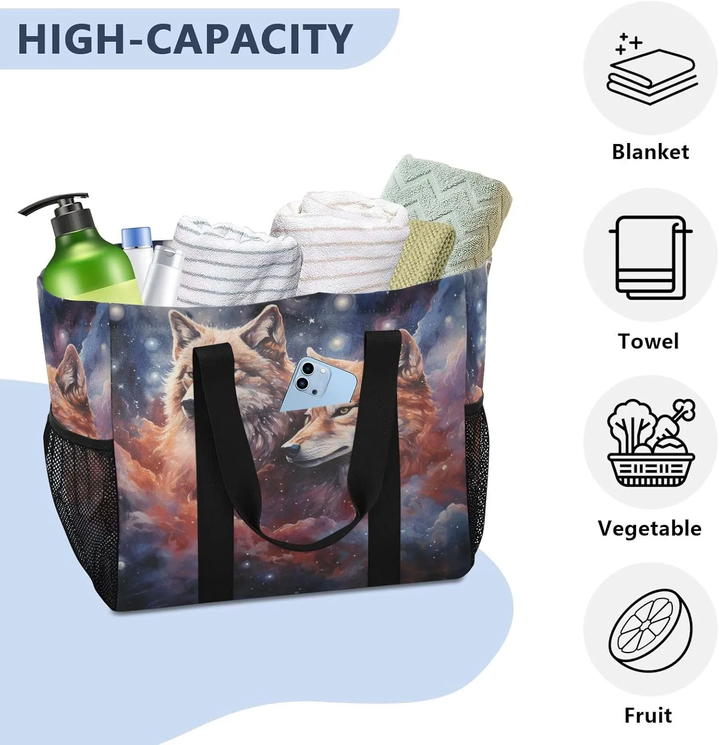 ALAZA Two Wolf Huge Starry Night Waterproof Beach Tote Bags