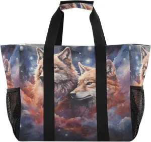 ALAZA Two Wolf Huge Starry Night Waterproof Beach Tote Bags