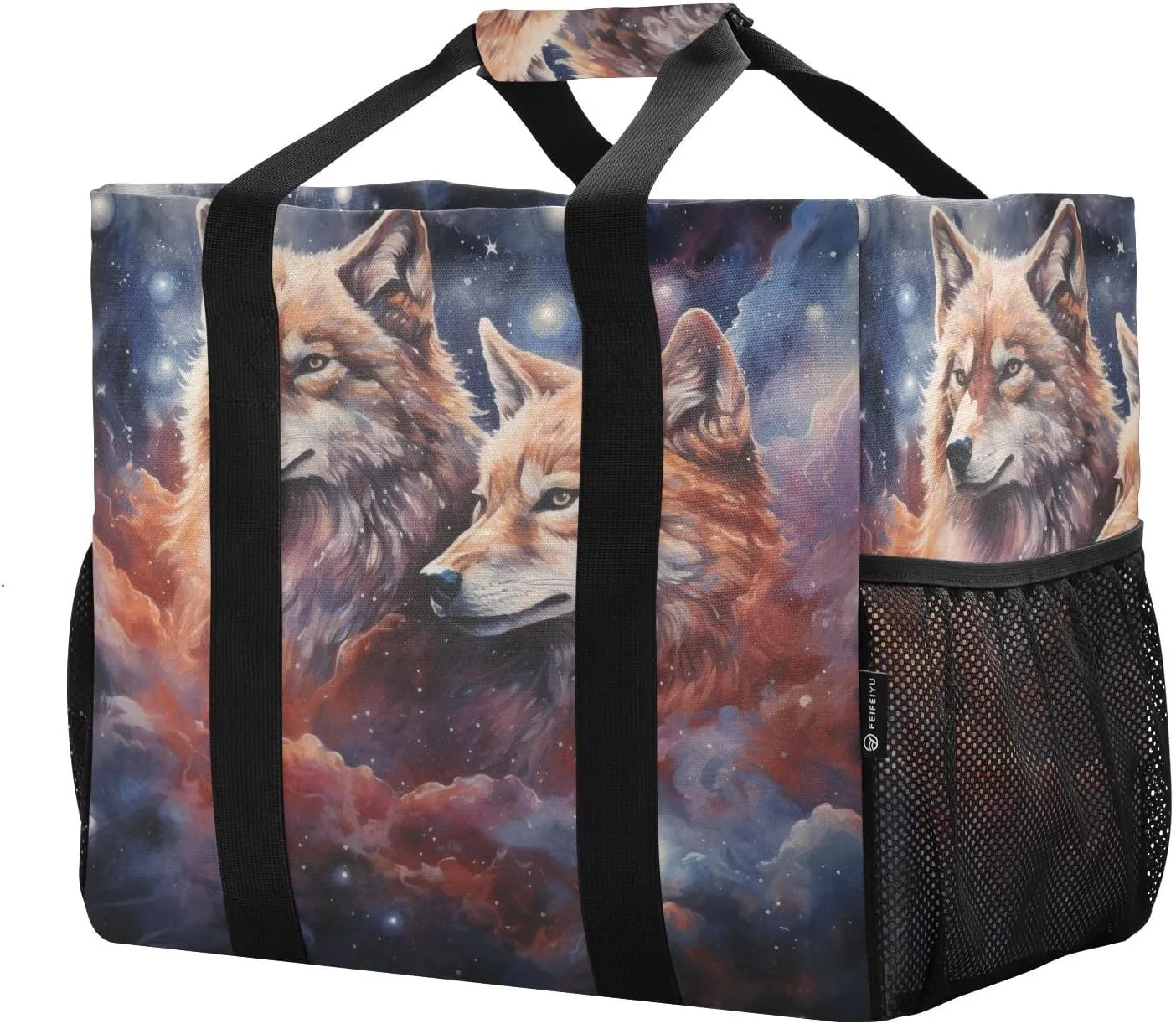 ALAZA Two Wolf Huge Starry Night Waterproof Beach Tote Bags