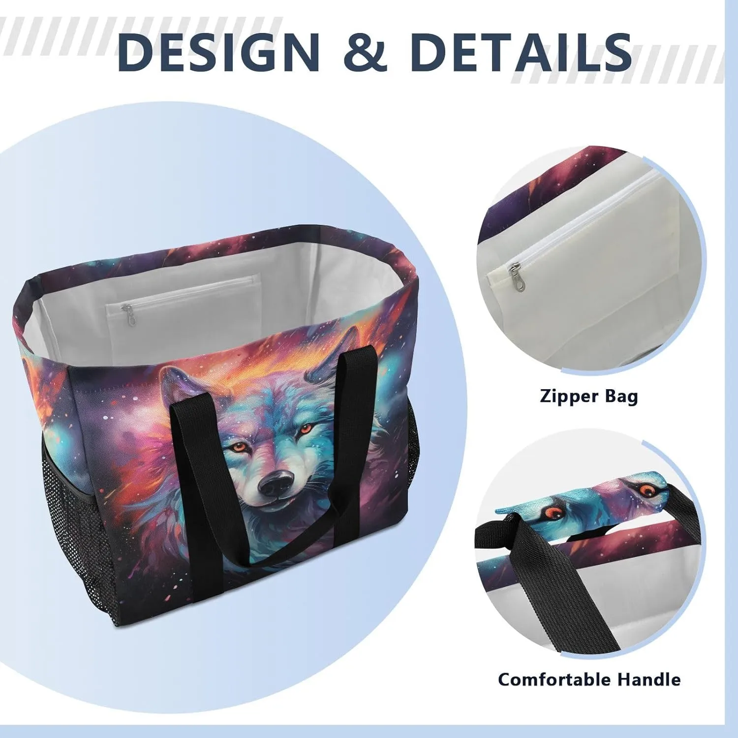 ALAZA Wolf Portrait Flower Waterproof Beach Tote Bags