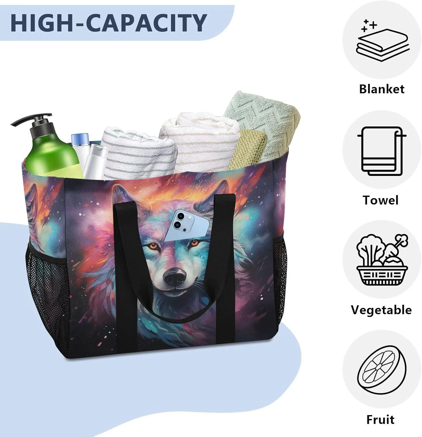 ALAZA Wolf Portrait Flower Waterproof Beach Tote Bags