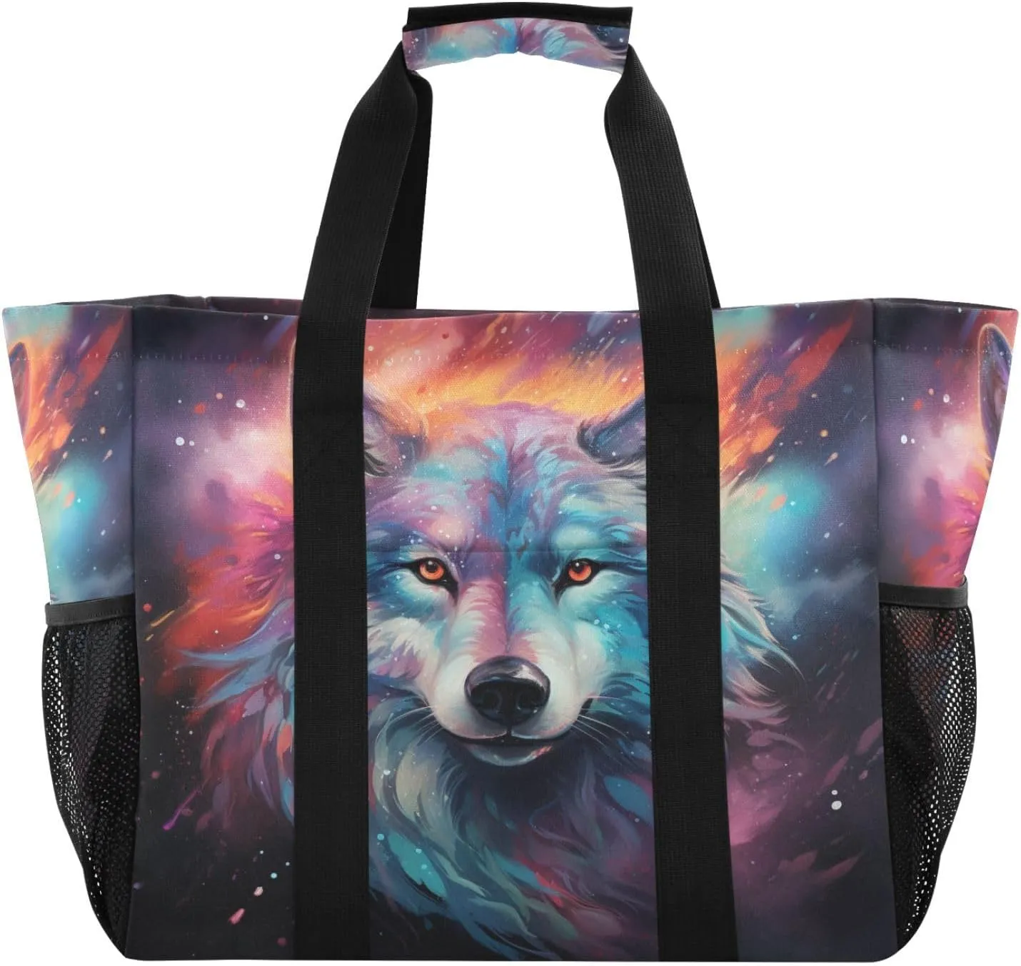 ALAZA Wolf Portrait Flower Waterproof Beach Tote Bags