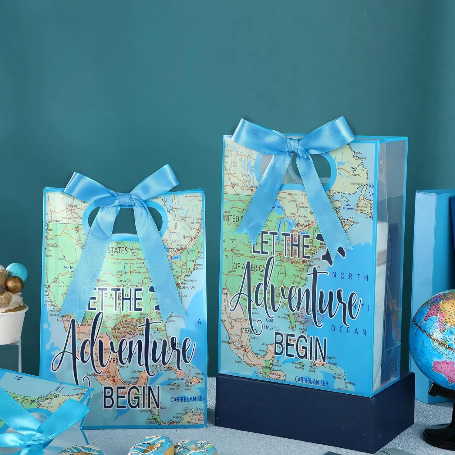 Aliceset 24 Pcs Plastic Clear World Map Gift Bags with Die Cut Handles Reusable Travel Candy Treat Goodies Tote Bags with Ribbon Bow for Earth Day Party Favor Supplies