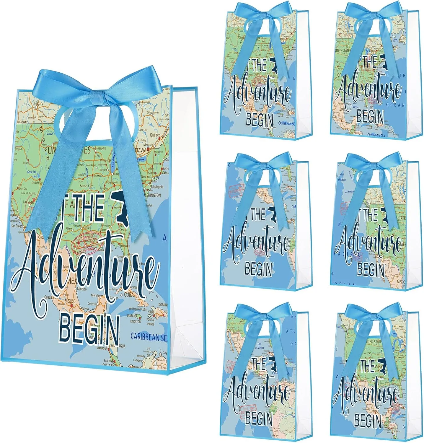 Aliceset 24 Pcs Plastic Clear World Map Gift Bags with Die Cut Handles Reusable Travel Candy Treat Goodies Tote Bags with Ribbon Bow for Earth Day Party Favor Supplies