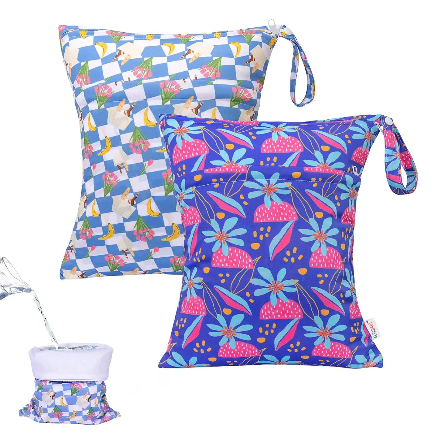 ALVABABY 2pcs Waterproof Wet Dry Bags,Reusable with Two Zippered Pockets, baby cloth diaper wet bags,Travel,Beach,Pool,Daycare,Soiled Baby Items,Yoga Gym Bag,wet bag for swimsuit LW0910